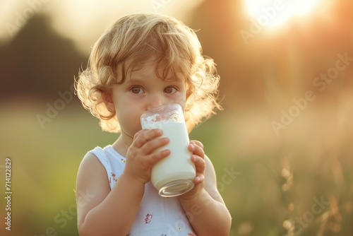 A little cute child is drin...