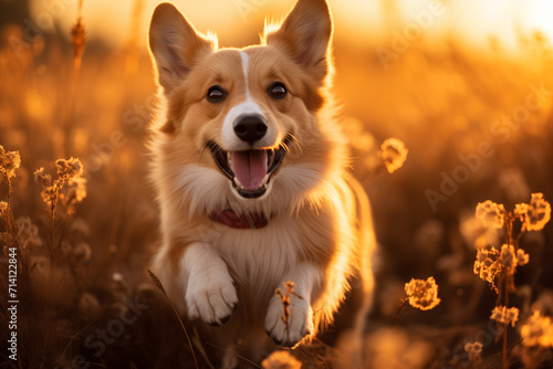 Portrait of corgi running in grass in evening. Closeup animal photography style. Design for frame, poster, wallpaper, print, banner, greeting card. Front view