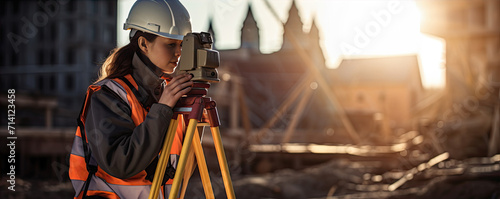 Surveyor site Engineer with helmet and theodolite equipment for construction buildings. copyspace for your text. photo