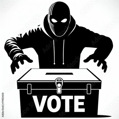 Thief in a mask over a ballot box, stealing votes, voter fraud, election fraud conspiracy.