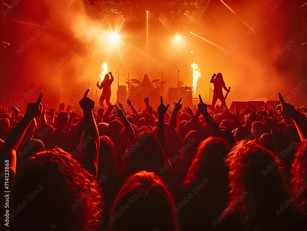 Concert audience with raised hands and rock gestures against a fiery stage with musicians and pyrotechnics.