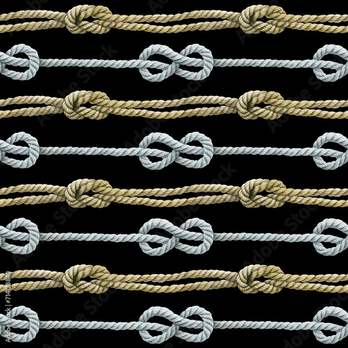 Seamless pattern of rope cords with knots eight knots. Hand drawn illustration. Nautical thread whipcord with loop and noose. Hand painted watercolor on black background. Print, wrapping, crafting.