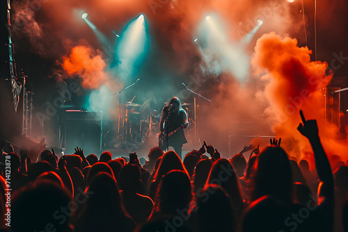 Concert stage, crowd in the stadium, in the style of misty gothic, dark teal and orange, punk rock aesthetic, metal.