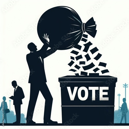 Silhouette of a man dumping votes in ballot box.