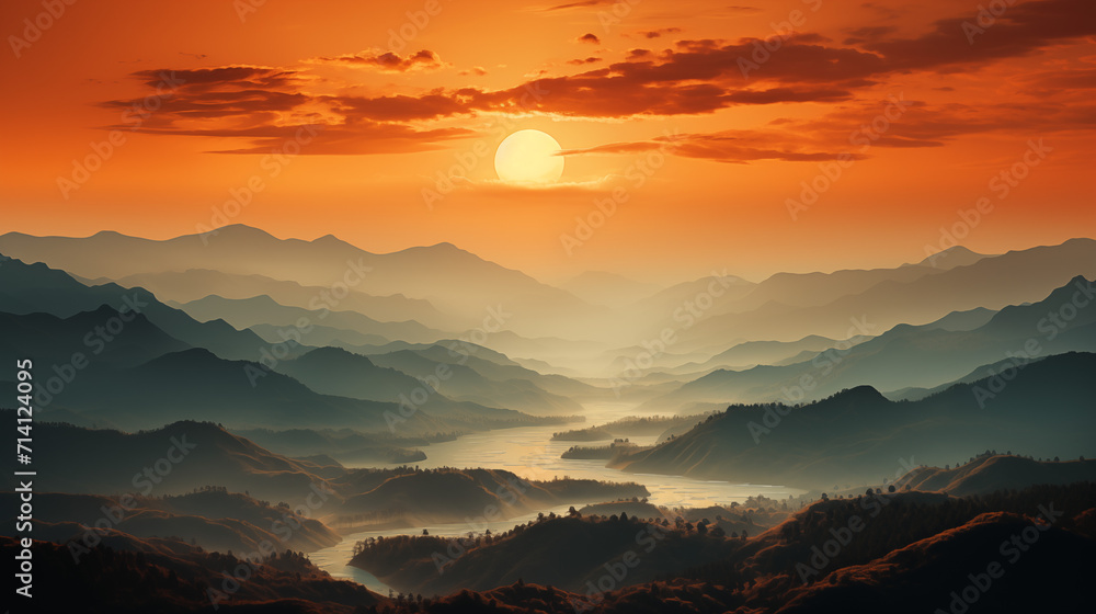 Image of golden sunrise illuminating the misty mountains. The soft gradients and ethereal atmosphere can inspire breathtaking digital art pieces. Ai Generated