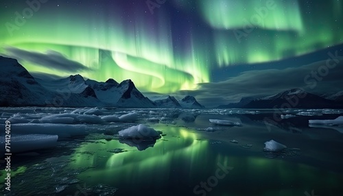 View of night sky with multicolored aurora borealis and snowy mountains peak background. Night glows in vibrant aurora reflection on the lake with forest. 