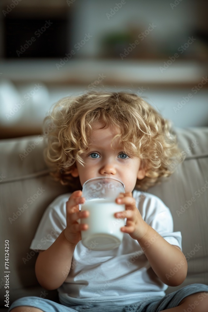 A little cute child is drinking a glass of milk in the morning