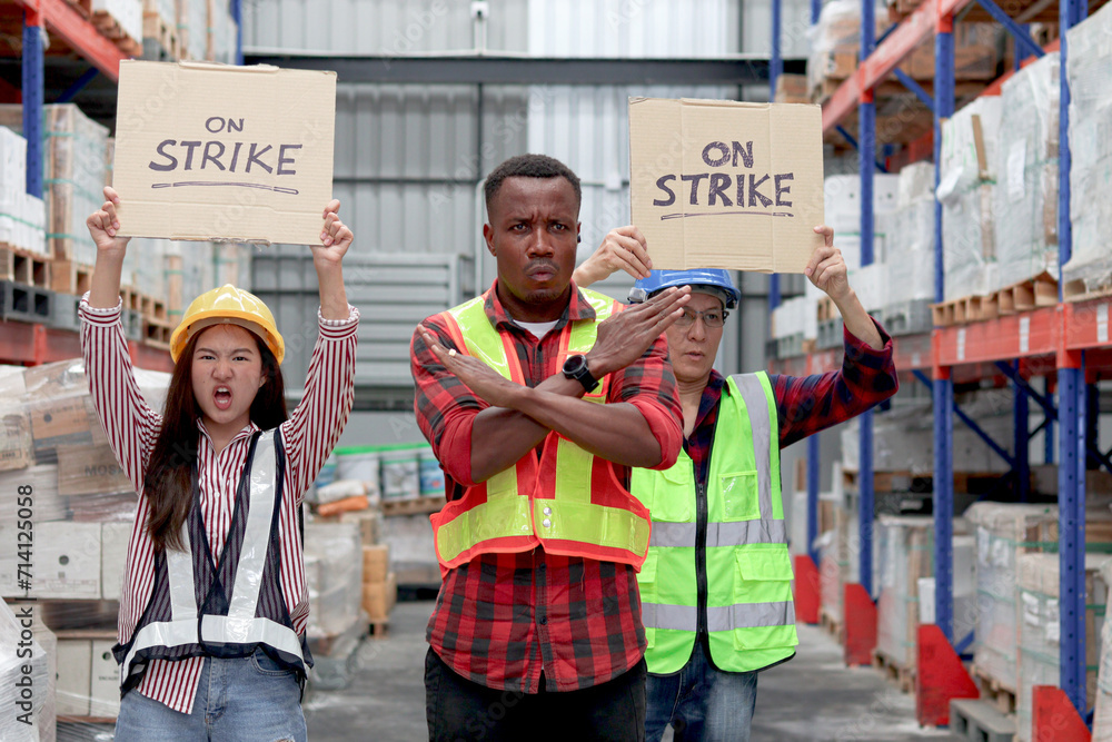 Angry unhappy African worker with colleagues, Asian senior and woman staffs wear safety vest and helmet, hold sign on strike banner at cargo logistic warehouse. Striking worker protesting at workplace