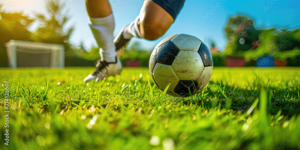 Football Player in Action on a Sunny Day. Close-up of a classic soccer ball on a lush green field with a player's foot in motion, sunlight background, copyspace.