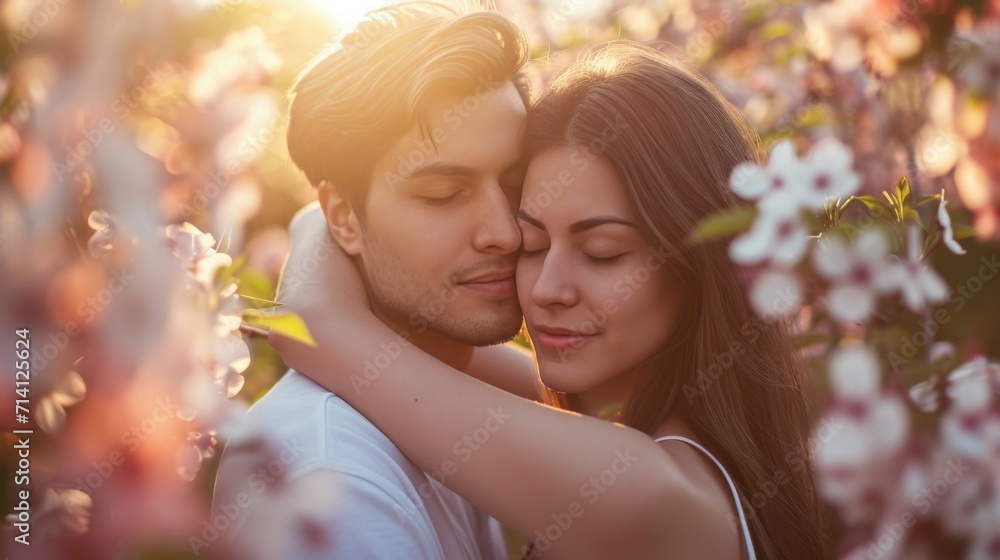 Trust and affection between a couple surrounded by beautiful flowers on Valentine's Day Trust and affection between a couple surrounded by beautiful flowers on Valentine's Day