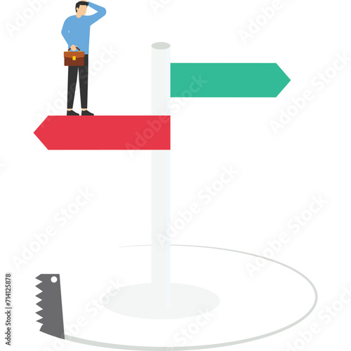 Business problem with career, competitor sawing floor under neath, betrayal in business deal, success trap, Vector illustration design concept in flat style

