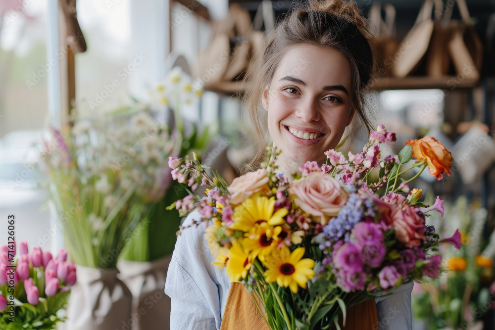 With a vibrant flower bouquet in hand, a young florist embodies creativity, kindness, and love, shining with joy With a vibrant flower bouquet in hand, a young florist embodies creativity, kindness, and love, shining with joy