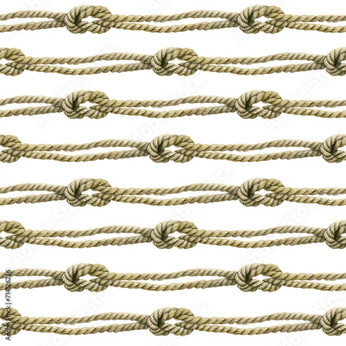 Seamless pattern of rope cords with knots. Hand drawn illustration. Nautical thread whipcord with loop and noose. Hand painted watercolor on white background. For Print, wrapping, crafting, fabric.