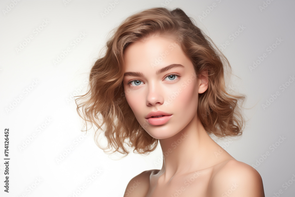 Young Blonde Hair German Woman With Healthy Skin and Natural Looking Makeup on White Background Young Blonde Hair German Woman With Healthy Skin and Natural Looking Makeup on White Background
