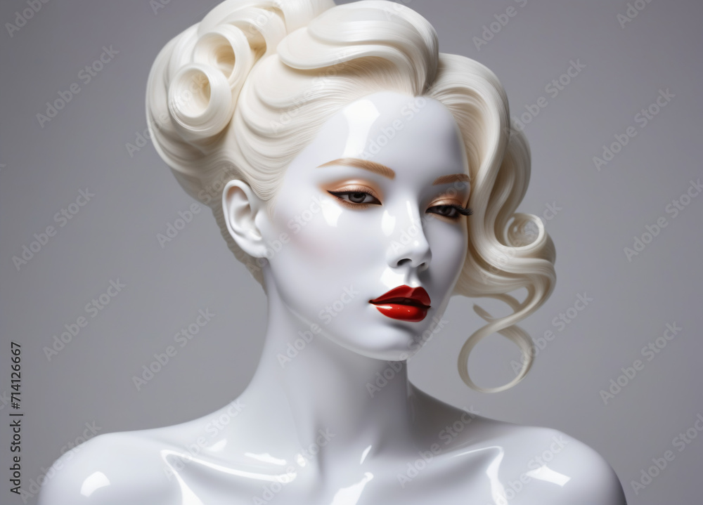 White glossy latex surface in the shape of the face of a beautiful girl with a chic hairstyle, hair, full head and neck