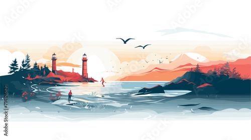 sense of adventure and exploration along the coastline in a vector art piece showcasing scenes of individuals engaging in seaside activities from surfing and sailing to beachcombing .simple isolated