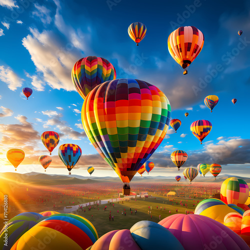 Rainbow-colored hot air balloon festival.