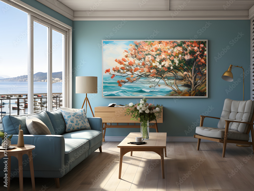 Fototapeta premium A beautiful sunset with a bicycle in front of the ocean and flowers