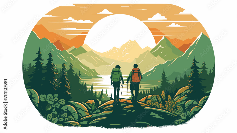 Convey the environmental stewardship associated with hiking in a vector scene featuring hikers practicing Leave No Trace principles respecting wildlife habitats and promoting eco-friendly hiking - obrazy, fototapety, plakaty 
