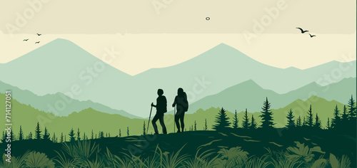 Convey the environmental stewardship associated with hiking in a vector scene featuring hikers practicing Leave No Trace principles respecting wildlife habitats and promoting eco-friendly hiking photo