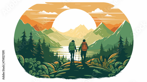 Convey the environmental stewardship associated with hiking in a vector scene featuring hikers practicing Leave No Trace principles respecting wildlife habitats and promoting eco-friendly hiking