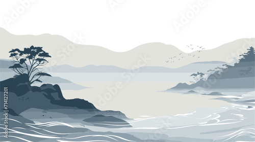 Convey the elemental forces shaping the coastal landscape in a vector scene featuring scenes of windswept shores tidal movements and the natural erosive processes contributing to the ever-changing photo
