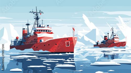 Convey the resilience and strength of icebreakers in a vector scene featuring these specialized vessels navigating through frozen Arctic waters breaking through ice sheets and facilitating