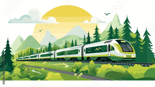 Convey the environmental benefits of train transportation in a vector art piece showcasing scenes of eco-friendly trains green landscapes and the reduction of carbon footprint associated with rail