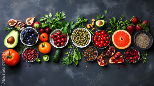 Healthy nutrition concept with vegetables and fruits on black background photo