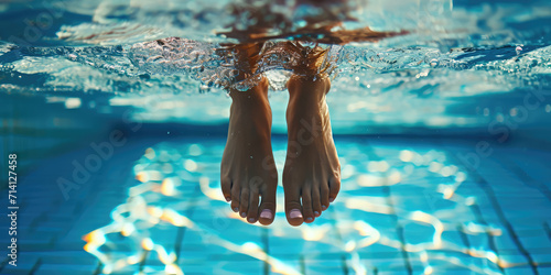 Underwater closeup view of female Feet. Legs of a synchronized swimmer woman against the serene backdrop of a swimming pool. photo