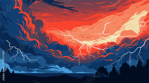Convey the power and drama of stormy weather in a vector art piece showcasing thunderclouds lightning and the tumultuous energy of a tempestuous sky .simple isolated line styled vector illustration