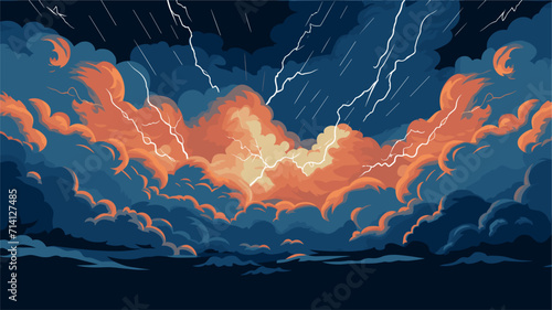 Convey the power and drama of stormy weather in a vector art piece showcasing thunderclouds lightning and the tumultuous energy of a tempestuous sky .simple isolated line styled vector illustration