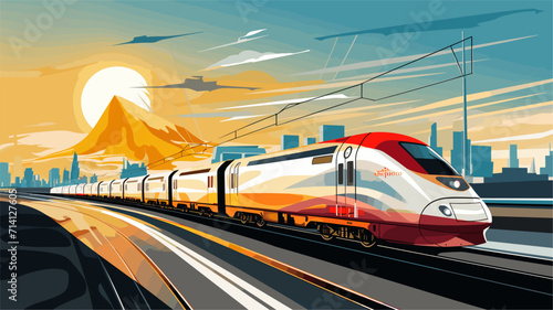 Convey the efficiency and speed of trains in a vector scene featuring streamlined locomotives high-speed travel and the swift passage of trains along well-laid tracks .simple isolated line styled