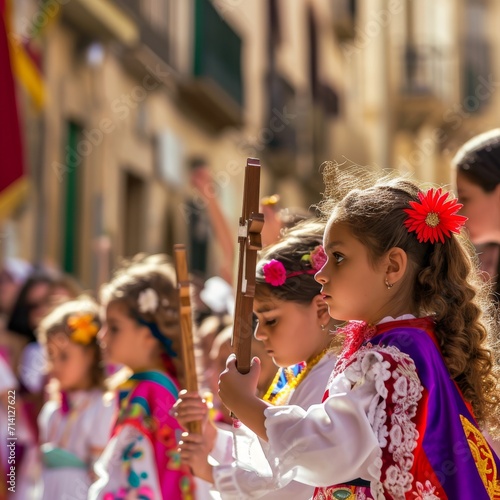 the holy week, a procession and child prayers holding a cross