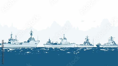 Convey the versatility of naval ships in a vector art piece featuring various types of military vessels from warships and submarines to aircraft carriers  Depict the diverse roles naval ships play