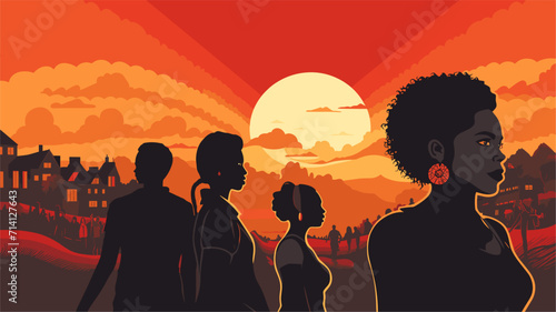 Convey the resilience and triumphs of the Black community in a vector art piece showcasing scenes of individuals overcoming challenges breaking barriers and achieving milestones in various fields