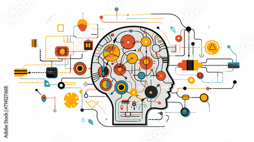 Convey the intellectual prowess of the brain in a vector scene featuring symbolic representations of learning critical thinking and problem-solving .simple isolated line styled vector illustration