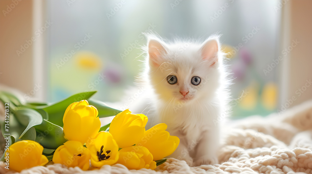 White kitten and yellow tulips