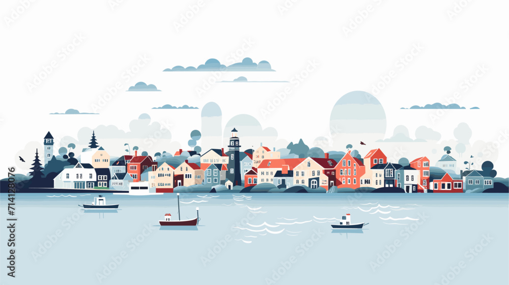 Explore the nostalgia and timeless appeal of seaside villages and coastal communities in a vector art piece showcasing scenes of charming cottages bustling harbors and the timeless beauty of coastal - obrazy, fototapety, plakaty 