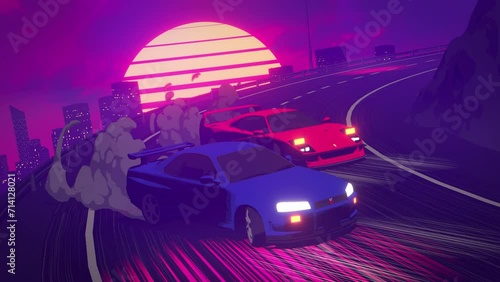 Retro-futuristic drifting cars loop,  80s retro animation, vj loop background photo