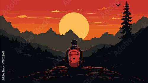 Explore the solitude and introspection of solo hiking in a vector art piece showcasing scenes of individuals trekking alone finding solace and self-reflection amidst nature's vast landscapes .simple