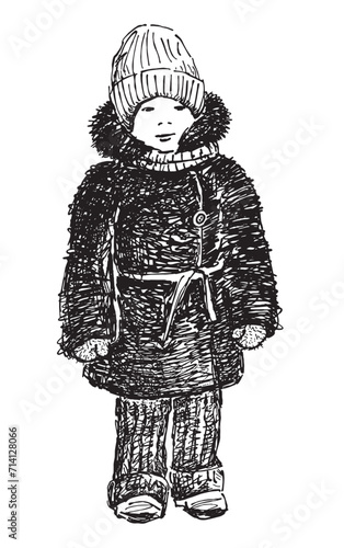 Hand drawing of small child warmly dressed in fur coat, knitted scarf, hat, pants for walk on cold winter day, vector illustration isolated on white