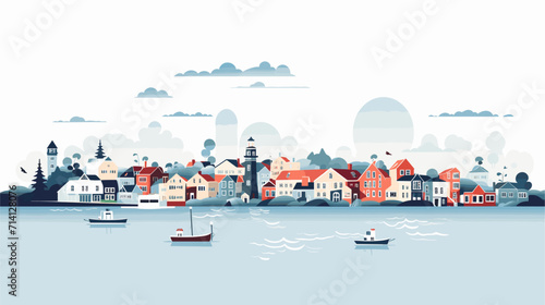 Explore the nostalgia and timeless appeal of seaside villages and coastal communities in a vector art piece showcasing scenes of charming cottages bustling harbors and the timeless beauty of coastal photo