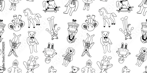 Seamless vector pattern of contour drawings different old stuffed toys, background for paper,textile