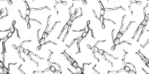 Seamless vector pattern of sketches wooden dolls human mannequins in various poses, hand drawn background for paper,wallpaper