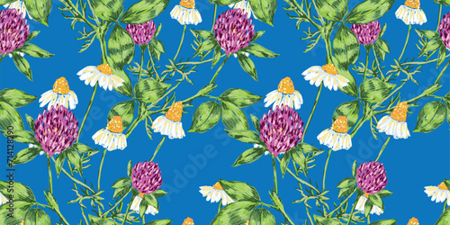 Seamless vector pattern of hand drawn meadow flowers camomiles and clovers, background for textile and wallpaper 