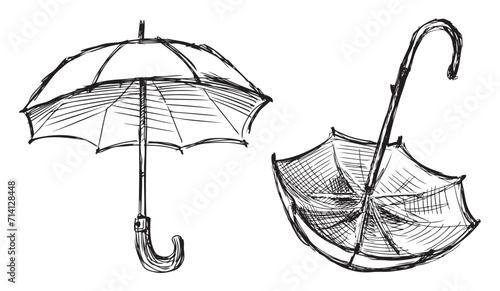 Sketches of opened umbrellas, hand drawn vector illustration isolated on white