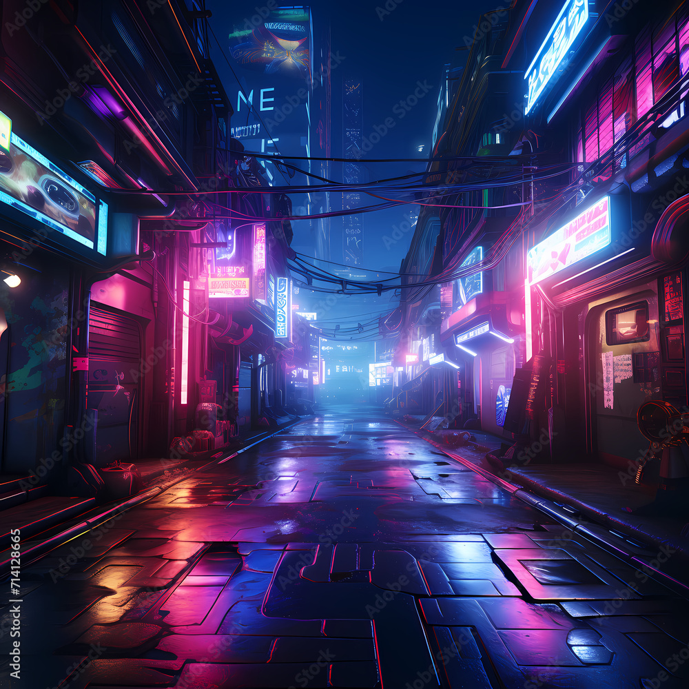 Cyberpunk alley with neon signs and holograms.