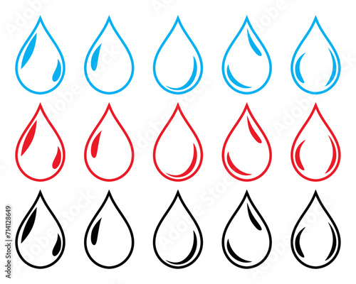 Water, blood and oil drop symbol icon set in blue, red and black color outline. Set of glossy water, blood and oil drop icon set isolated on white background.