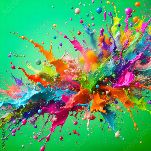 abstract colorful splashes on green background, Generative AI © UjDesign